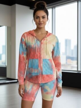 Rose Velvet Pastel Tie-Dye Hoodie & Biker Shorts Matching Lounge Set